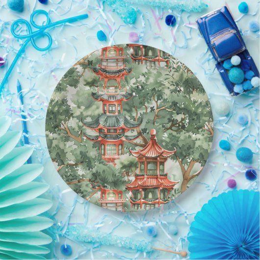 Waterverf Aziatische Pagode in Verdant Landschap ( Papieren Bordje (Feest)