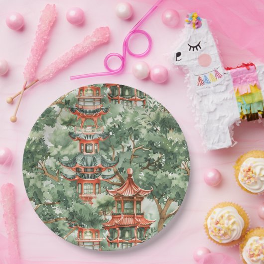 Waterverf Aziatische Pagode in Verdant Landschap ( Papieren Bordje (Feest)