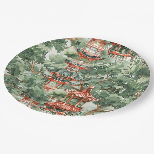 Waterverf Aziatische Pagode in Verdant Landschap ( Papieren Bordje (Gekanteld)