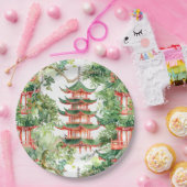 Waterverf Aziatische Pagode in Verdant Landschap ( Papieren Bordje (Feest)