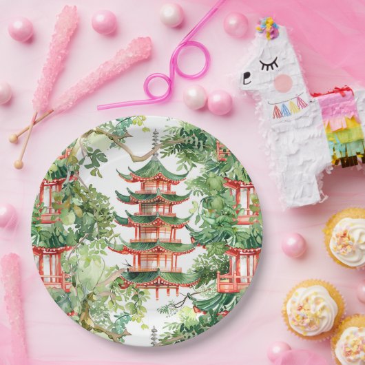 Waterverf Aziatische Pagode in Verdant Landschap ( Papieren Bordje (Feest)