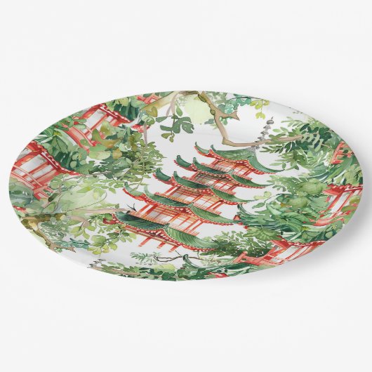 Waterverf Aziatische Pagode in Verdant Landschap ( Papieren Bordje (Gekanteld)