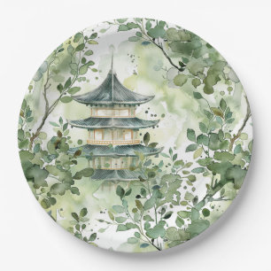Waterverf Aziatische Pagode in Verdant Landschap ( Papieren Bordje
