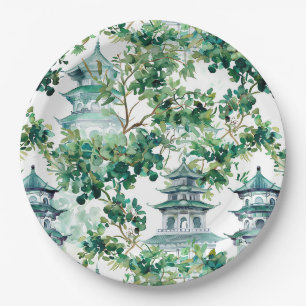 Waterverf Aziatische Pagode in Verdant Landschap ( Papieren Bordje