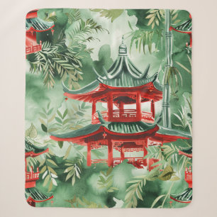 Waterverf Aziatische Pagode in Verdant Landschap ( Sherpa Deken