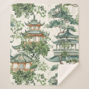Waterverf Aziatische Pagode in Verdant Landschap ( Sherpa Deken
