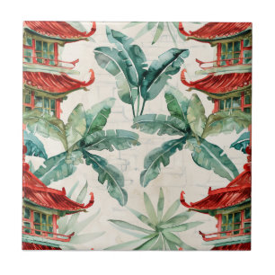 Waterverf Aziatische Pagode in Verdant Landschap ( Tegeltje