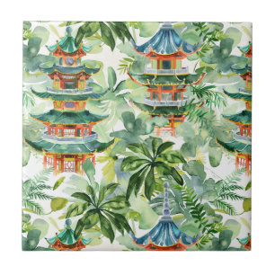 Waterverf Aziatische Pagode in Verdant Landschap ( Tegeltje
