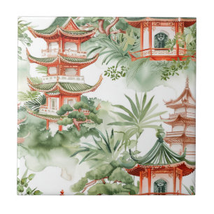 Waterverf Aziatische Pagode in Verdant Landschap ( Tegeltje