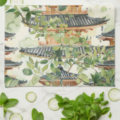 Waterverf Aziatische Pagode in Verdant Landschap ( Theedoek (Gevouwen)