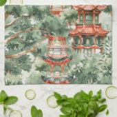 Waterverf Aziatische Pagode in Verdant Landschap ( Theedoek (Gevouwen)