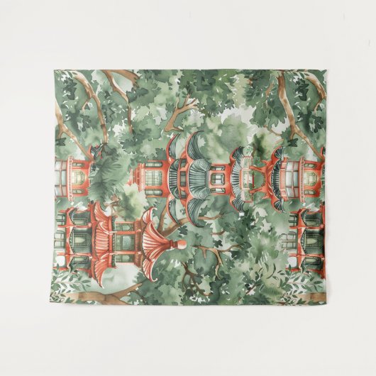 Waterverf Aziatische Pagode in Verdant Landschap ( Wandkleed (Voorkant (horizontaal))