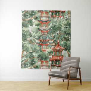 Waterverf Aziatische Pagode in Verdant Landschap ( Wandkleed