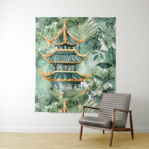 Waterverf Aziatische Pagode in Verdant Landschap ( Wandkleed