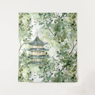 Waterverf Aziatische Pagode in Verdant Landschap ( Wandkleed