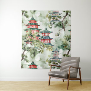 Waterverf Aziatische Pagode in Verdant Landschap ( Wandkleed