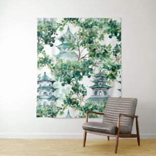 Waterverf Aziatische Pagode in Verdant Landschap ( Wandkleed