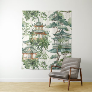 Waterverf Aziatische Pagode in Verdant Landschap ( Wandkleed