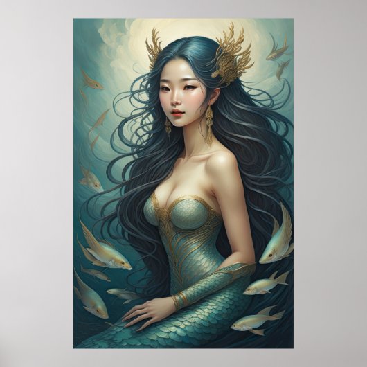 Waterverf Aziatische zeemeermin Poster (Voorkant)