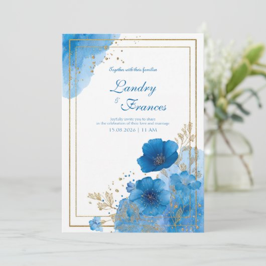 Waterverf Azure Blue Floral & Gold Lijst Wedding Kaart (Staand voorkant)