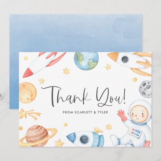 Waterverf Baby Astronaut Space Theme Baby shower Bedankkaart (Voorkant / Achterkant)