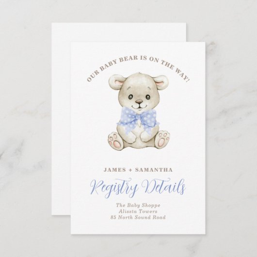 Waterverf Baby Beer Blue Bow Gift Registry Aankondiging (Voorkant / Achterkant)
