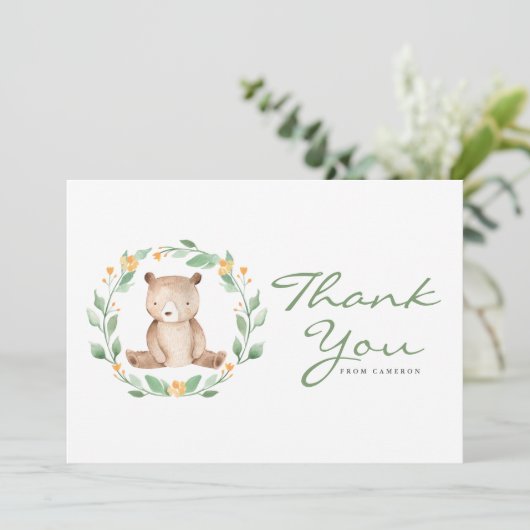 Waterverf Baby Beer Greenery Wreath Baby shower Bedankkaart (Staand voorkant)