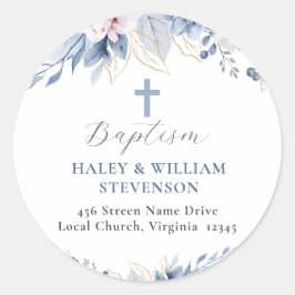 Waterverf Baby Blauw Bloemen Doop Retouradres Ronde Sticker