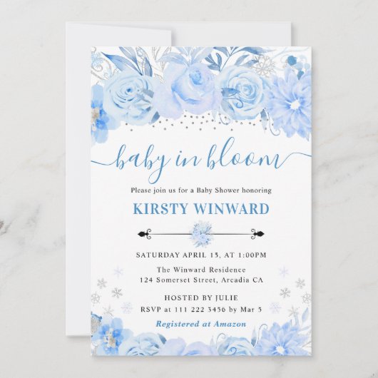 Waterverf Baby Blauw Winterbloemen Baby shower Kaart (Voorkant)