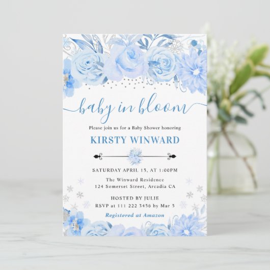 Waterverf Baby Blauw Winterbloemen Baby shower Kaart (Staand voorkant)