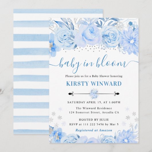 Waterverf Baby Blauw Winterbloemen Baby shower Kaart (Voorkant / Achterkant)