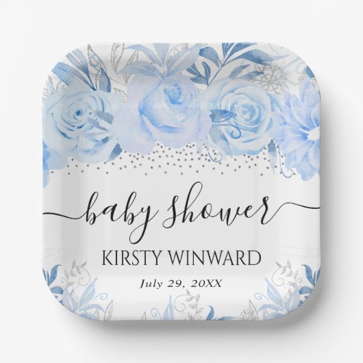 Waterverf Baby Blauw Winterbloemen Baby shower Papieren Bordje (Voorkant)