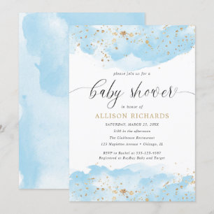 Waterverf Baby Blauw Wit Goud Jongen baby shower Kaart