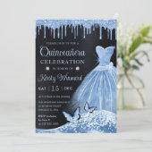 Waterverf Baby Blue Glitter Dress Quinceanera Kaart (Staand voorkant)