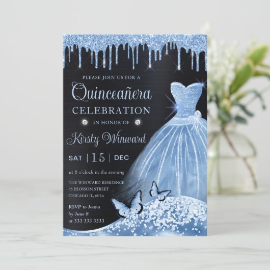 Waterverf Baby Blue Glitter Dress Quinceanera Kaart (Staand voorkant)