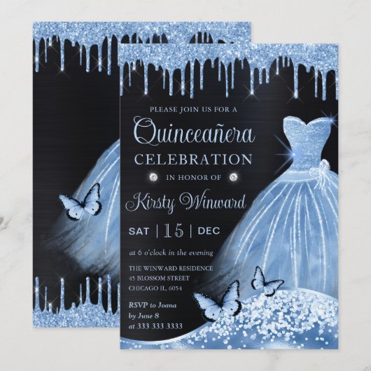 Waterverf Baby Blue Glitter Dress Quinceanera Kaart (Voorkant / Achterkant)