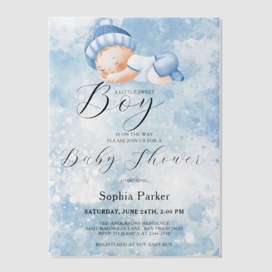 Waterverf Baby Boy Baby shower Vellum Uitnodigingen (Voorkant)