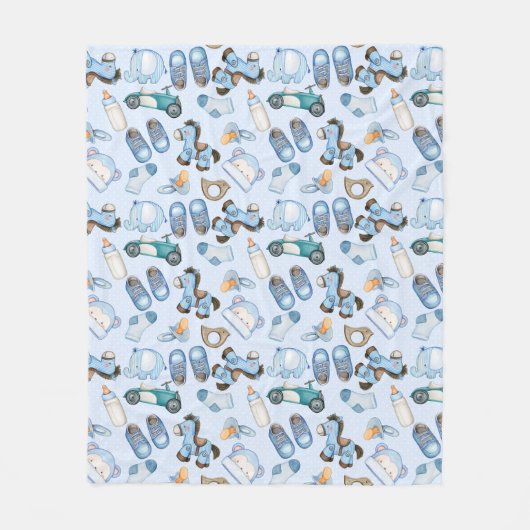 Waterverf Baby Boy Blue Pattern met speelgoed kler Fleece Deken (Voorkant)