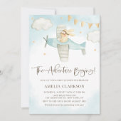 Waterverf Baby Bunny Airplane Blue Baby shower Kaart (Voorkant)