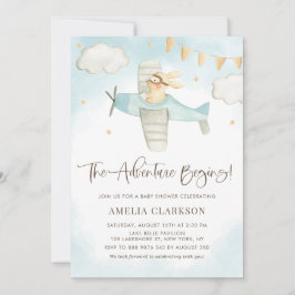 Waterverf Baby Bunny Airplane Blue Baby shower Kaart