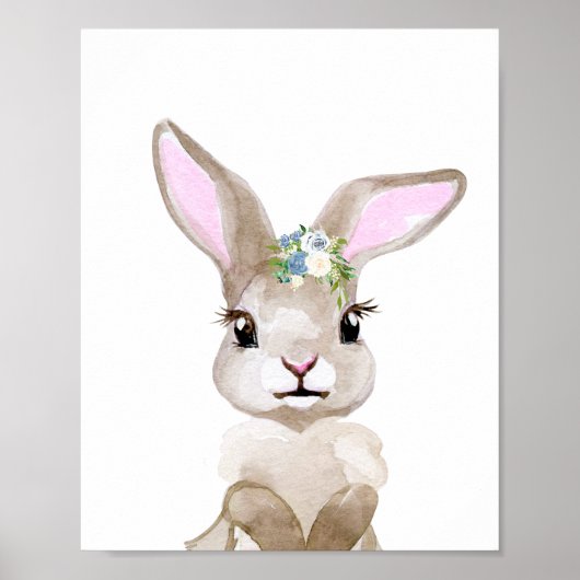 Waterverf Baby Bunny Cub Nursery Floral Woodland Poster (Voorkant)