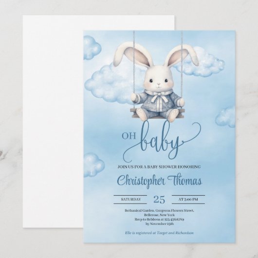 Waterverf baby bunny op schommel in de lucht kaart (Voorkant / Achterkant)