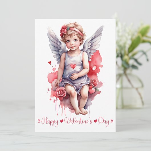 Waterverf baby Cupido Happy Valentijnsdag Feestdagenkaart (Staand voorkant)