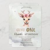 Waterverf Baby Deer Bow Green 1st Invitation Kaart (Voorkant / Achterkant)