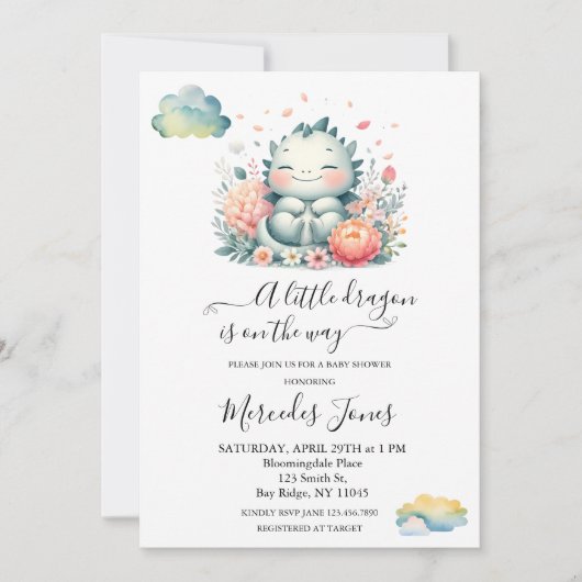 Waterverf Baby Dragon Met Bloemen en Vlinder Kaart (Voorkant)