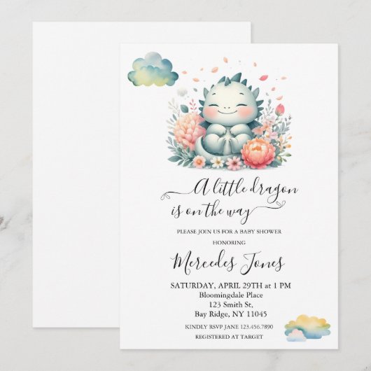 Waterverf Baby Dragon Met Bloemen en Vlinder Kaart (Voorkant / Achterkant)