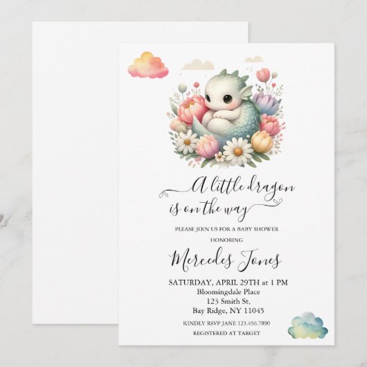 Waterverf Baby Dragon met Bloemen Rainbow Art Kaart (Voorkant / Achterkant)