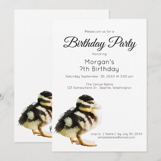 Waterverf Baby Duck Birthday Party Invitation Kaart (Voorkant / Achterkant)