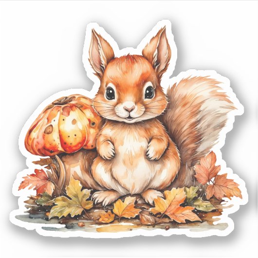 Waterverf Baby Eekhoorn, Paddestoelen en eikels Sticker (Voorkant)