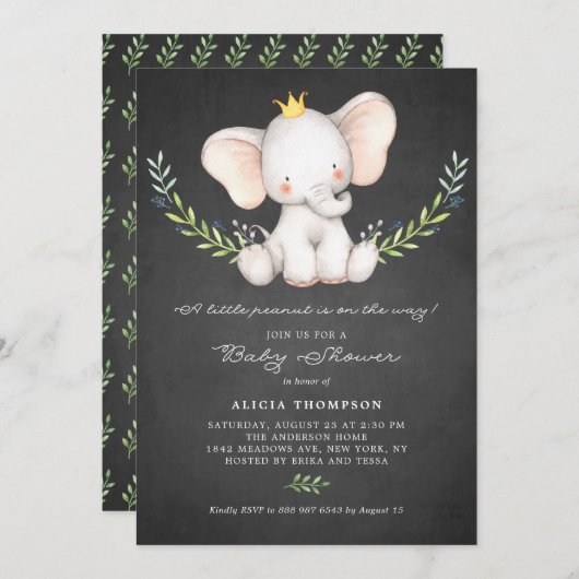 Waterverf Baby Elephant Chalkboard Baby shower Kaart (Voorkant / Achterkant)